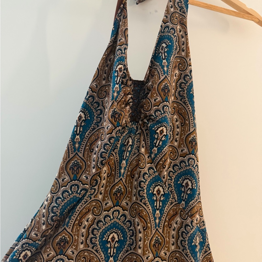 Paisley Print Halter Top in Teal and Brown with Beaded Accent - Picture 2 of 5